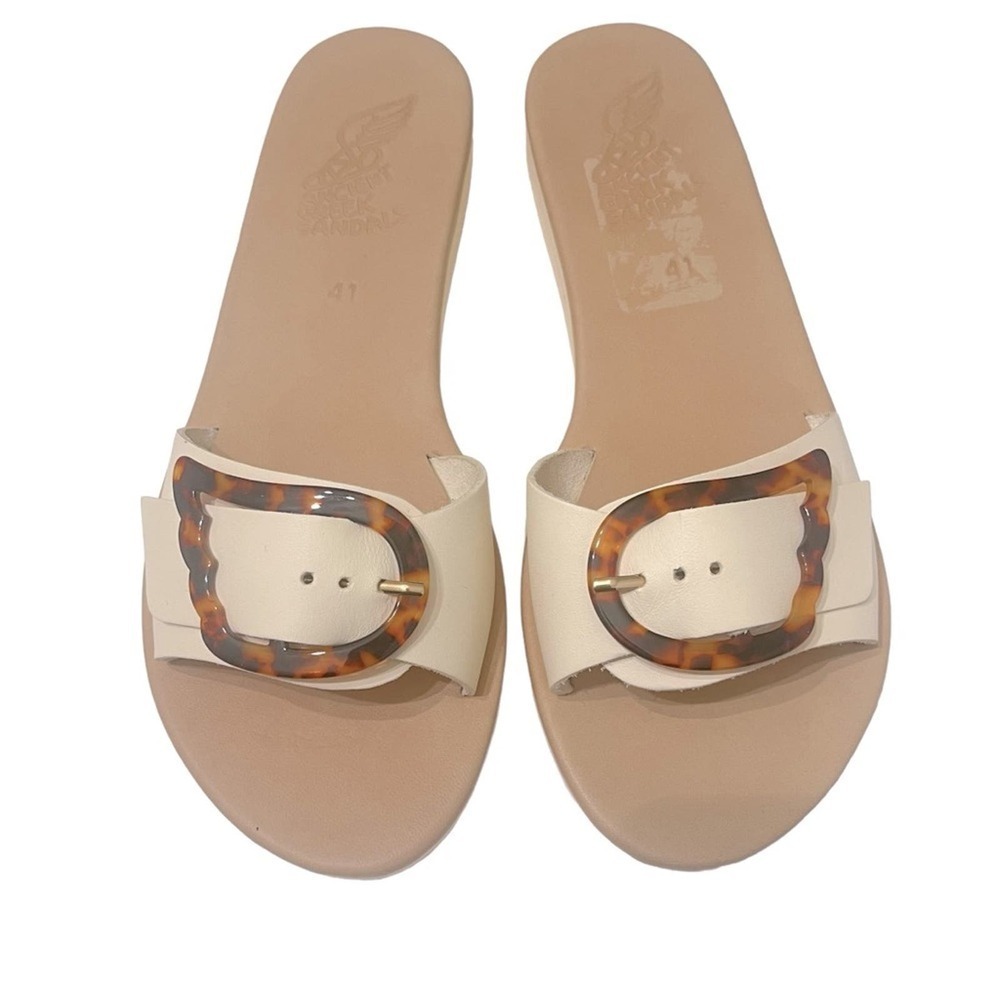 Ancient Greek Sandals Cream Slide Sandals with Tortoiseshell Buckle - Picture 2 of 8